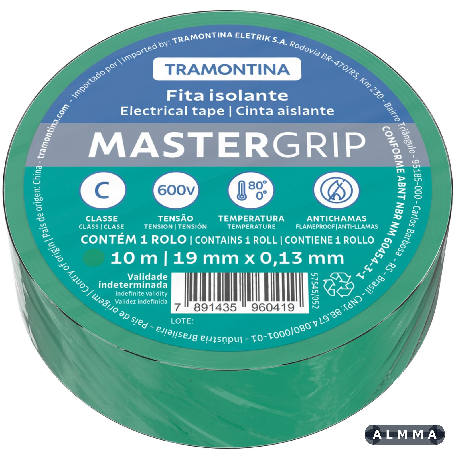 Fita Isolante Classe C 0,13x19 mm Tramontina Verde 10 m 60 UNIDADES EMB.MINIMA