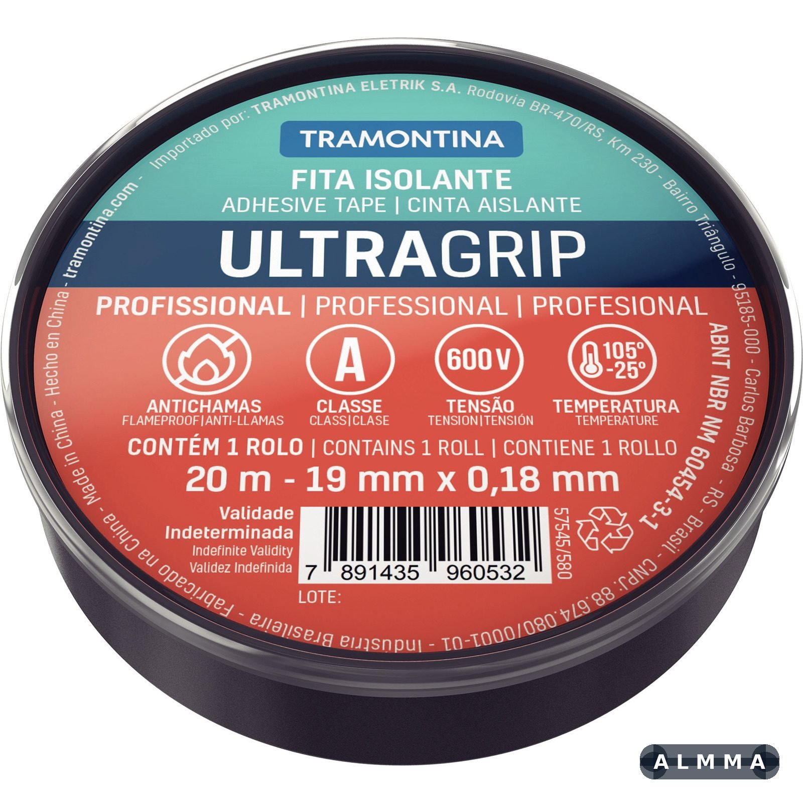 Fita Isolante Classe A 0,18x19 mm Tramontina Preta 20 m 50 UNIDADES EMB.MINIMA