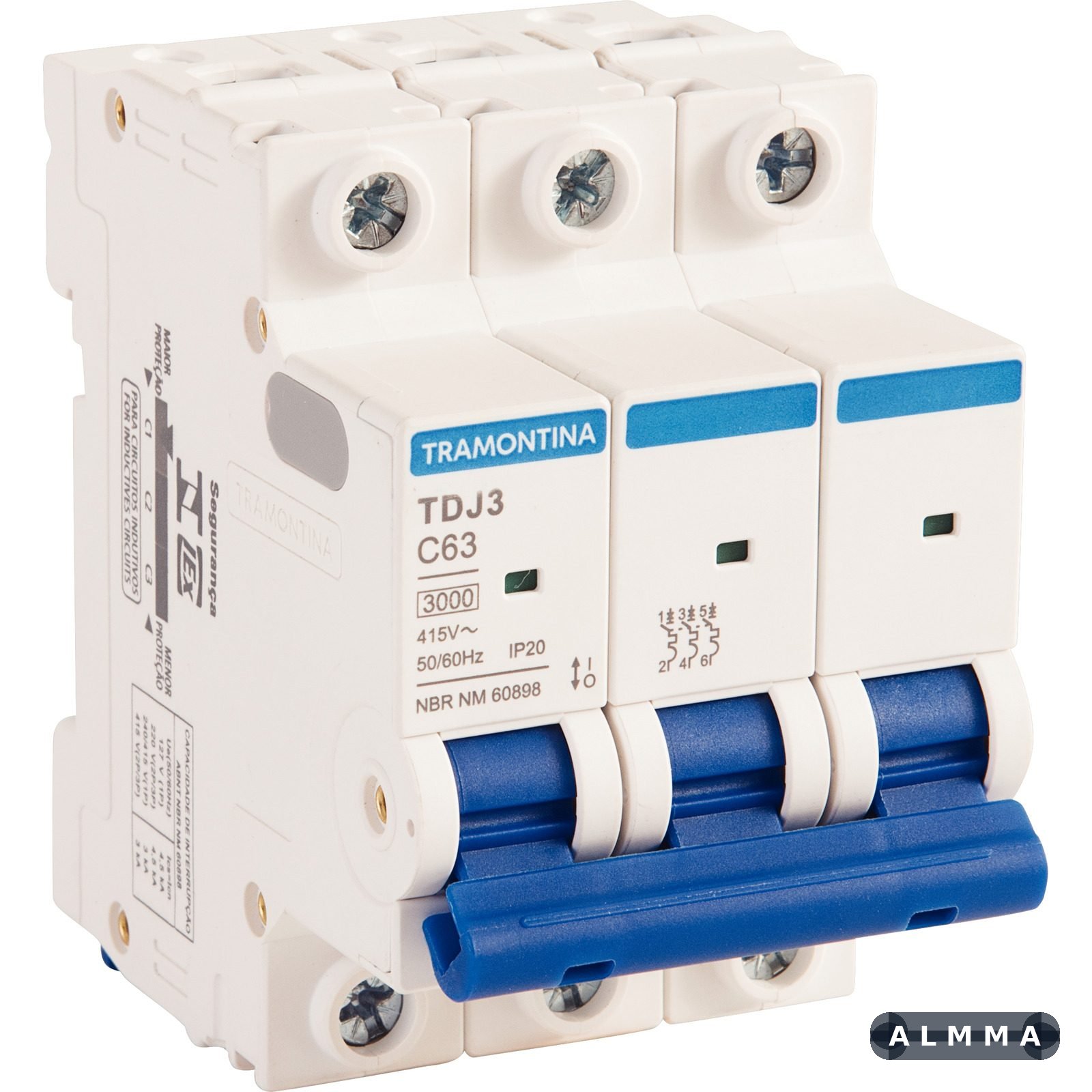 Minidisjuntor TDJ3 3 P 63 A 3 kA curva C Tramontina 4 UNIDADES EMB.MINIMA