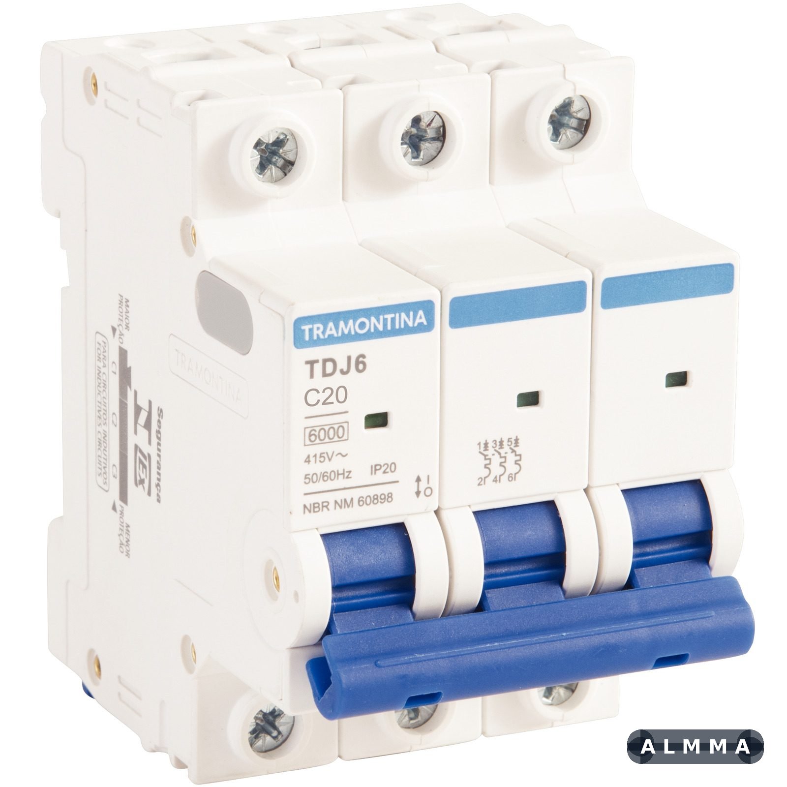 Minidisjuntor TDJ6 3 P 20 A 6kA curva C Tramontina 4 UNIDADES EMB.MINIMA