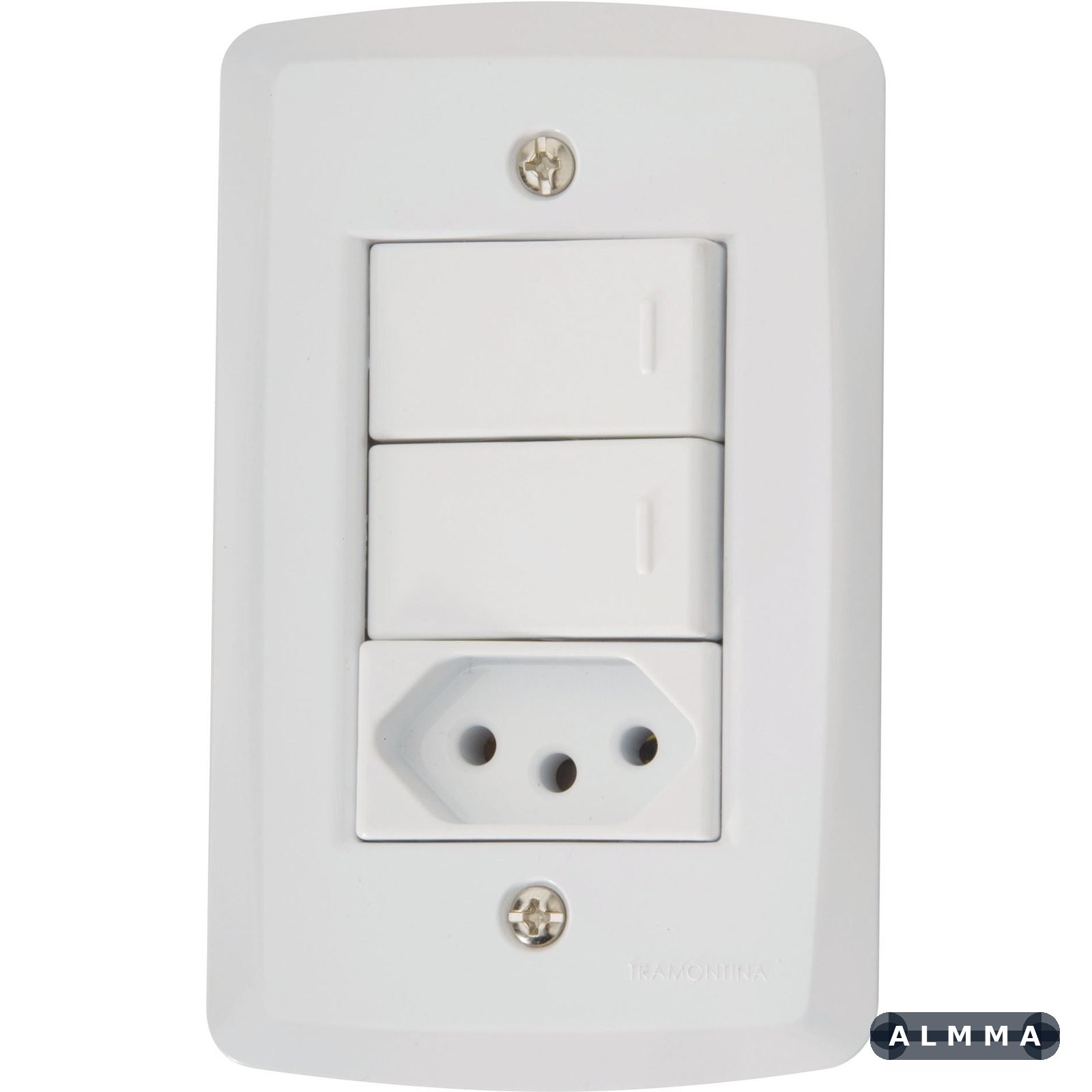 Conjunto 4x2 com 2 Interruptores Simples 10 A 250 V e 1 Tomada 2P+T 20 A 250 V Tramontina Lux2 Branco 10 UNIDADES EMB.MINIMA