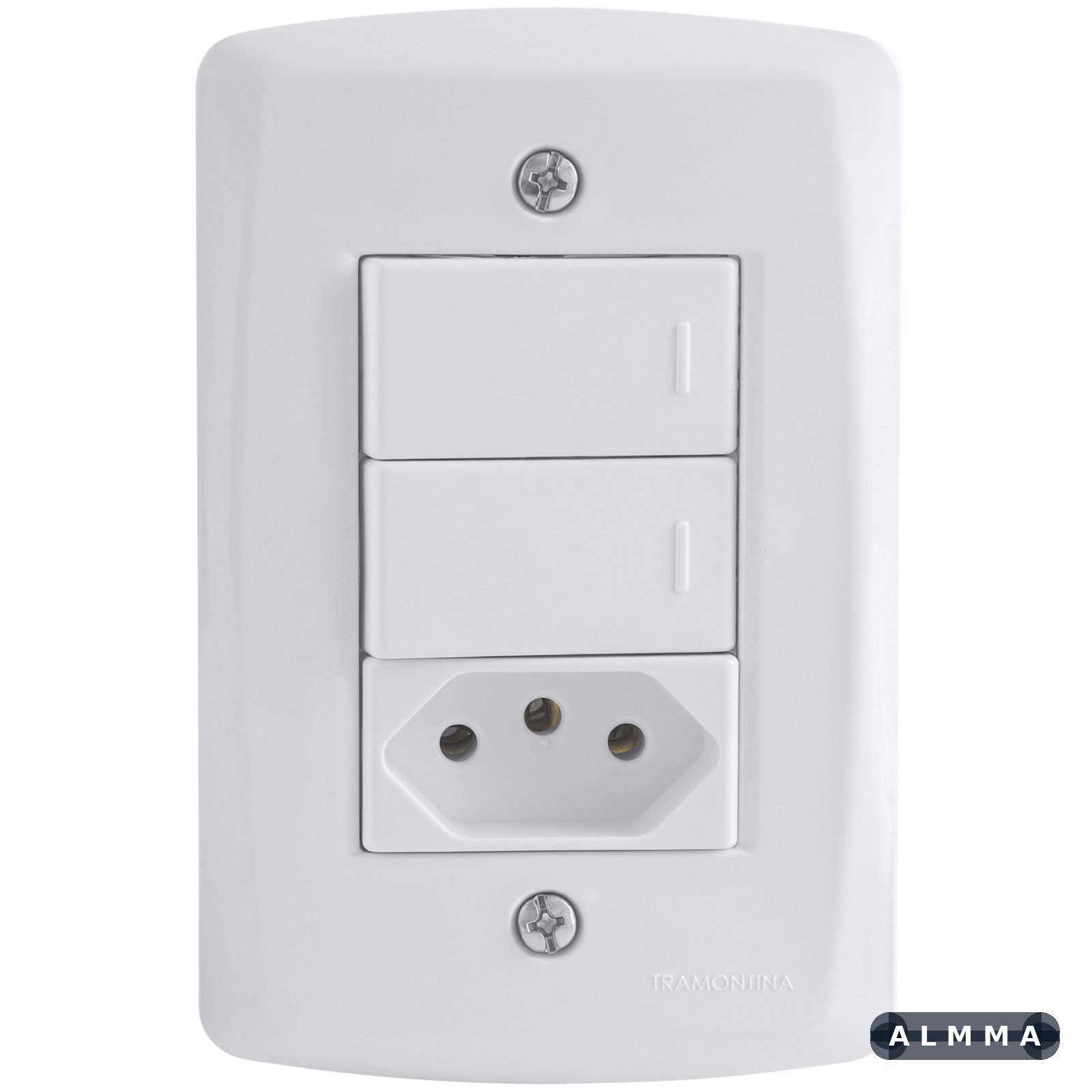 Conjunto 4x2 com 2 Interruptores Simples 10 A 250 V e 1 Tomada 2P+T 10 A 250 V Tramontina Lux2 Branco 10 UNIDADES EMB.MINIMA