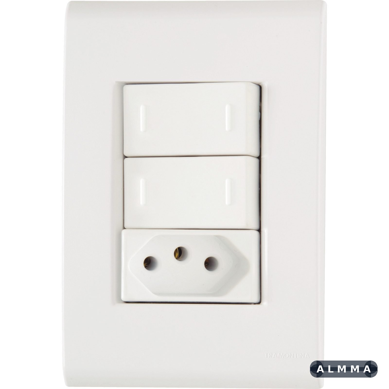 Conjunto 4x2 com 2 Interruptores Paralelos 10 A 250 V e 1 Tomada 2P+T 10 A 250 V Tramontina Liz Branco 10 UNIDADES EMB.MINIMA