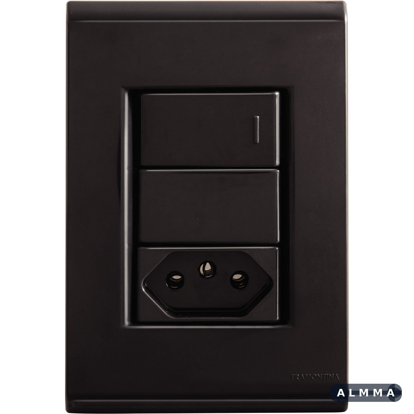 Conjunto 4x2 com 1 Interruptor Simples 10 A 250 V e 1 Tomada 2P+T 10 A 250 V Tramontina Liz Grafite 10 UNIDADES EMB.MINIMA