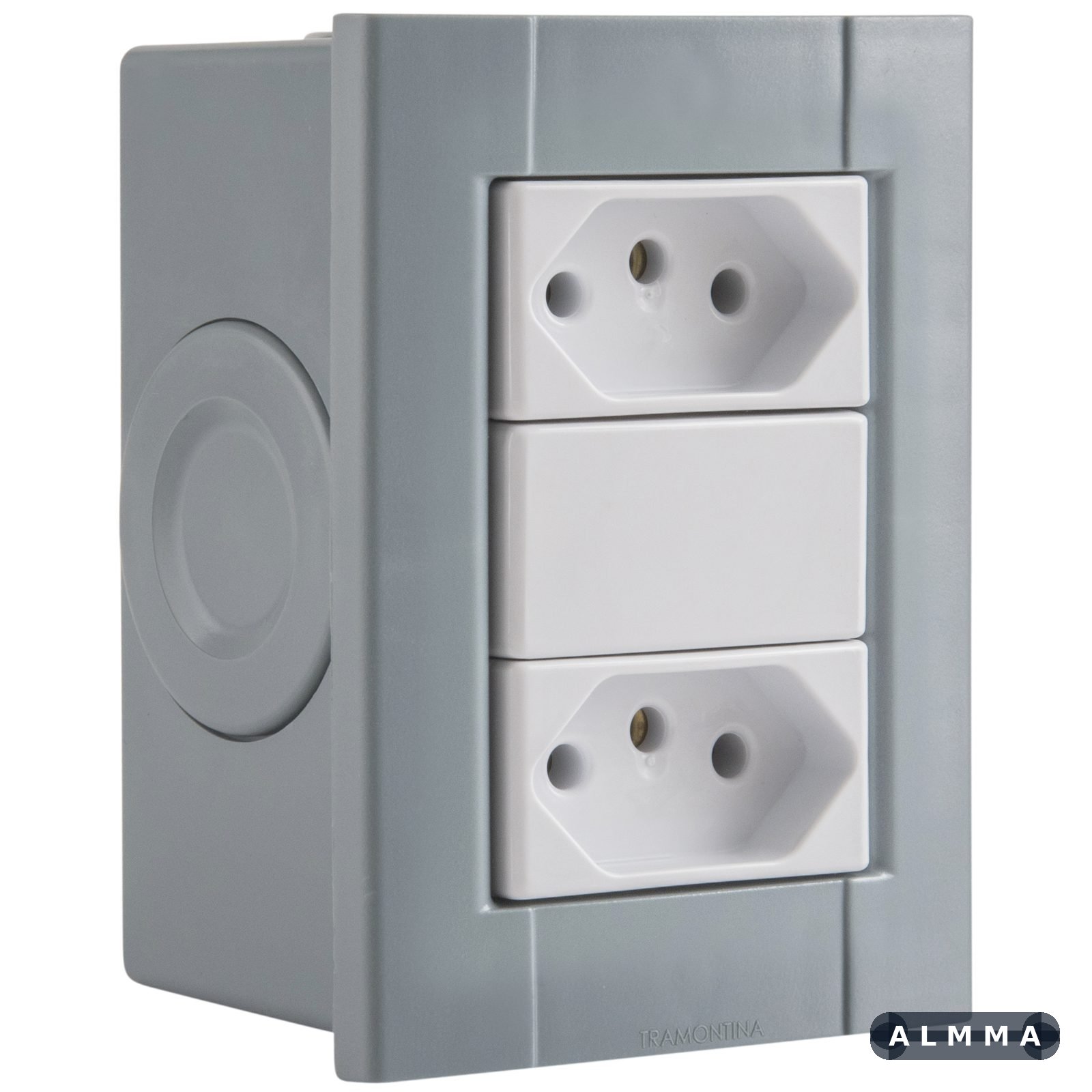 Conjunto de 2 Tomadas 2P+T Tramontina Plastibox Cor Cinza 10 A 250 V 12 UNIDADES EMB.MINIMA