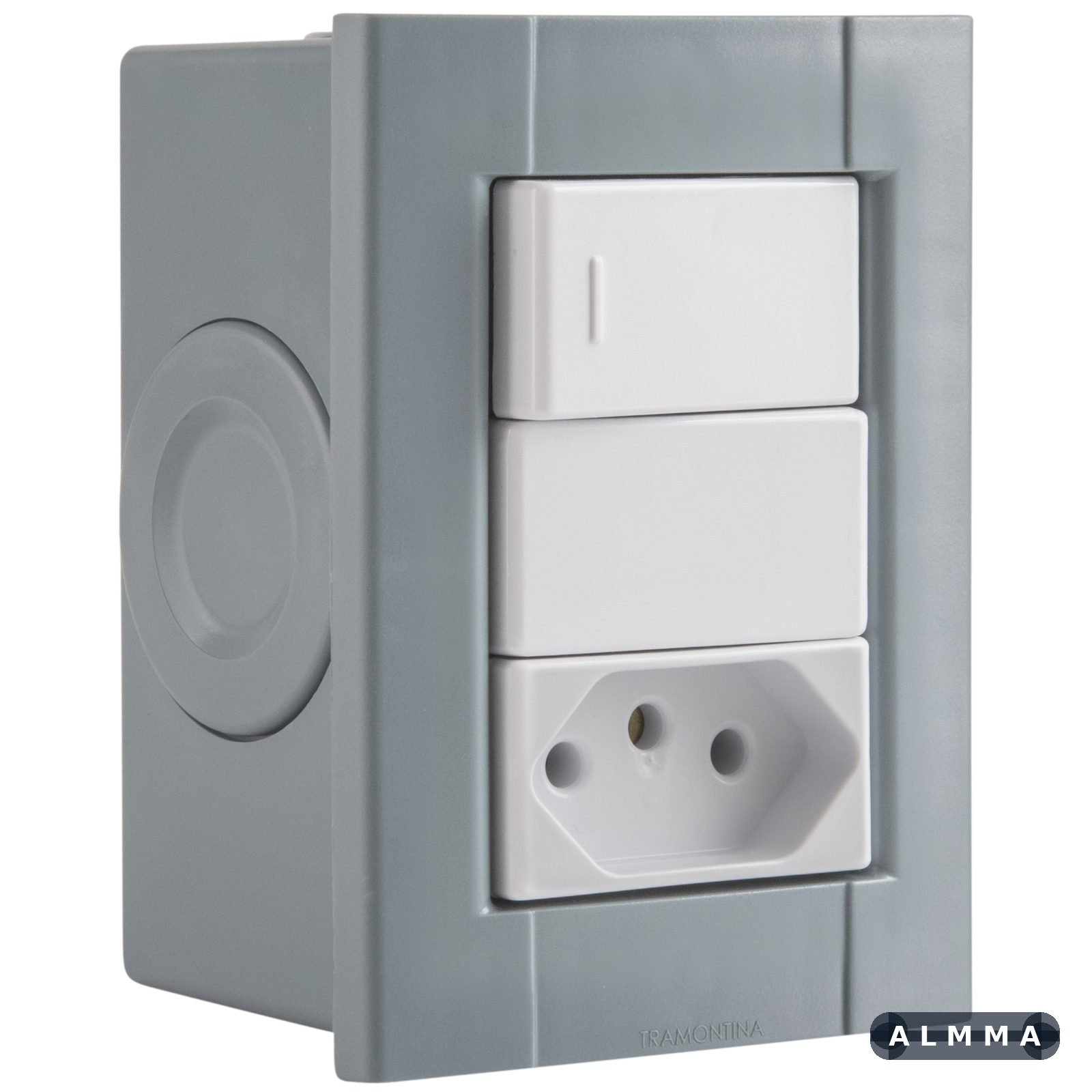 Conjunto de 1 Interruptor Simples e 1 Tomada 2P+T Tramontina Plaastibox Cor Cinza 10 A 250 V 12 UNIDADES EMB.MINIMA