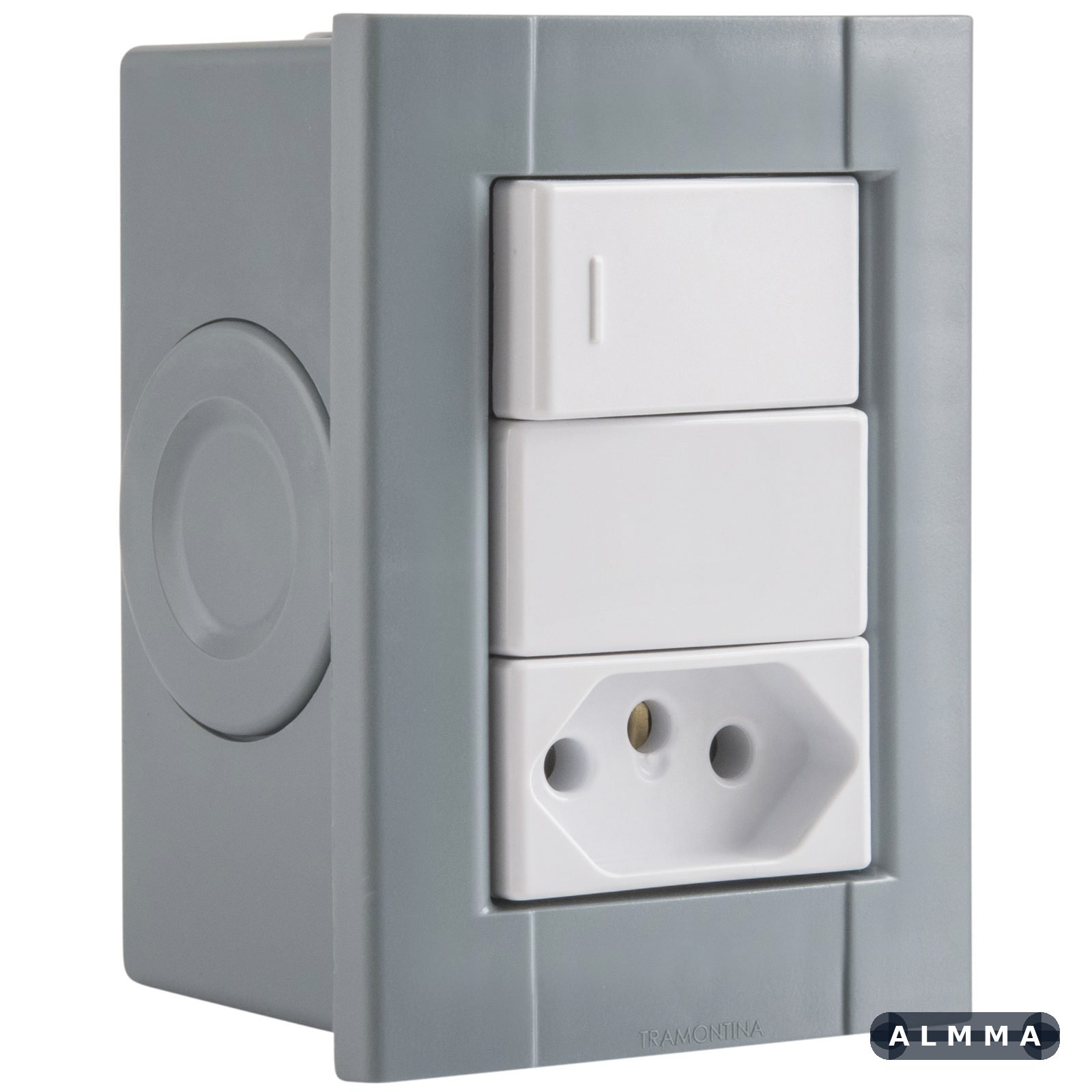 Conjunto de 1 Interruptor Simples e 1 Tomada 2P+T Tramontina Plastibox Cor Cinza 20 A 250 V 12 UNIDADES EMB.MINIMA