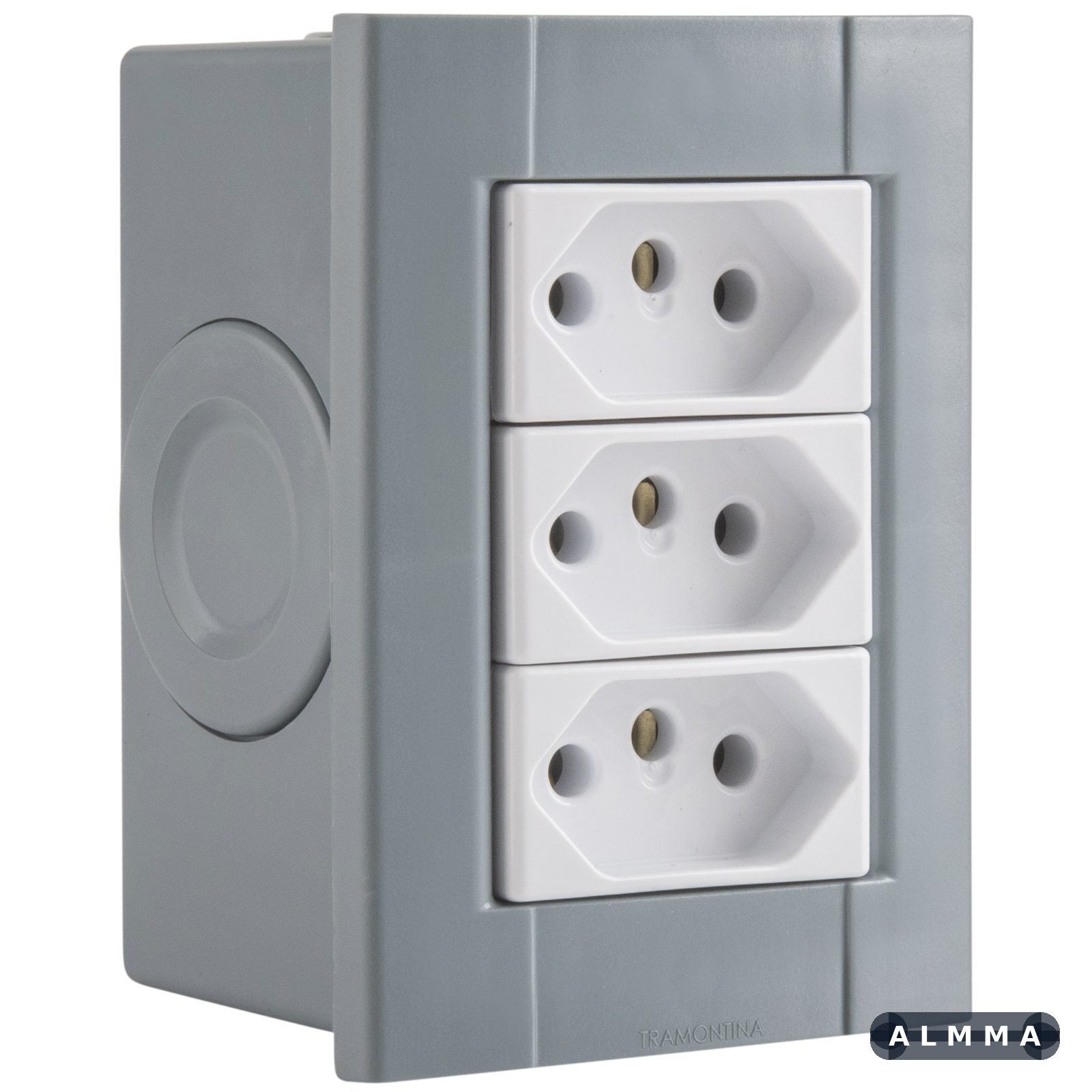 Conjunto de 3 Tomadas 2P+T Tramontina Plastibox Cor Cinza 20 A 250 V 12 UNIDADES EMB.MINIMA