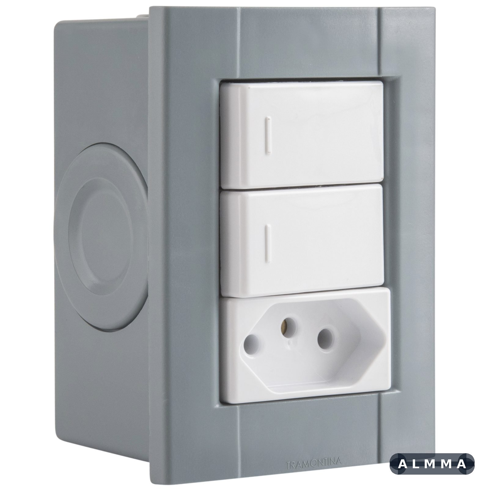 Conjunto de 2 Interruptores Simples e 1 Tomada 2P+T Tramontina Plastibox Cor Cinza 10 A 250 V 12 UNIDADES EMB.MINIMA