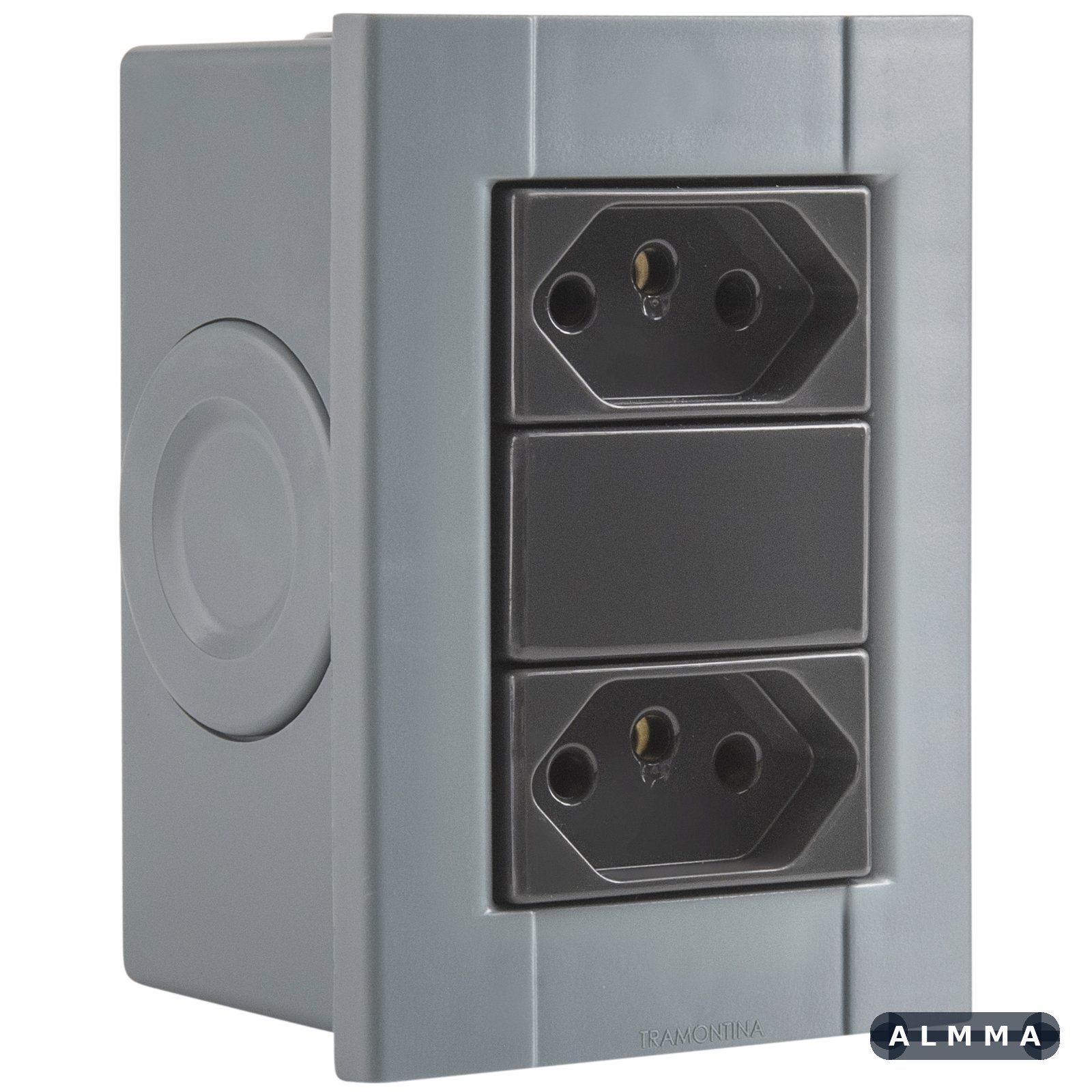 Conjunto de 2 Tomadas 2P+T Tramontina Plastibox na cor Cinza 10 A 250 V 12 UNIDADES EMB.MINIMA