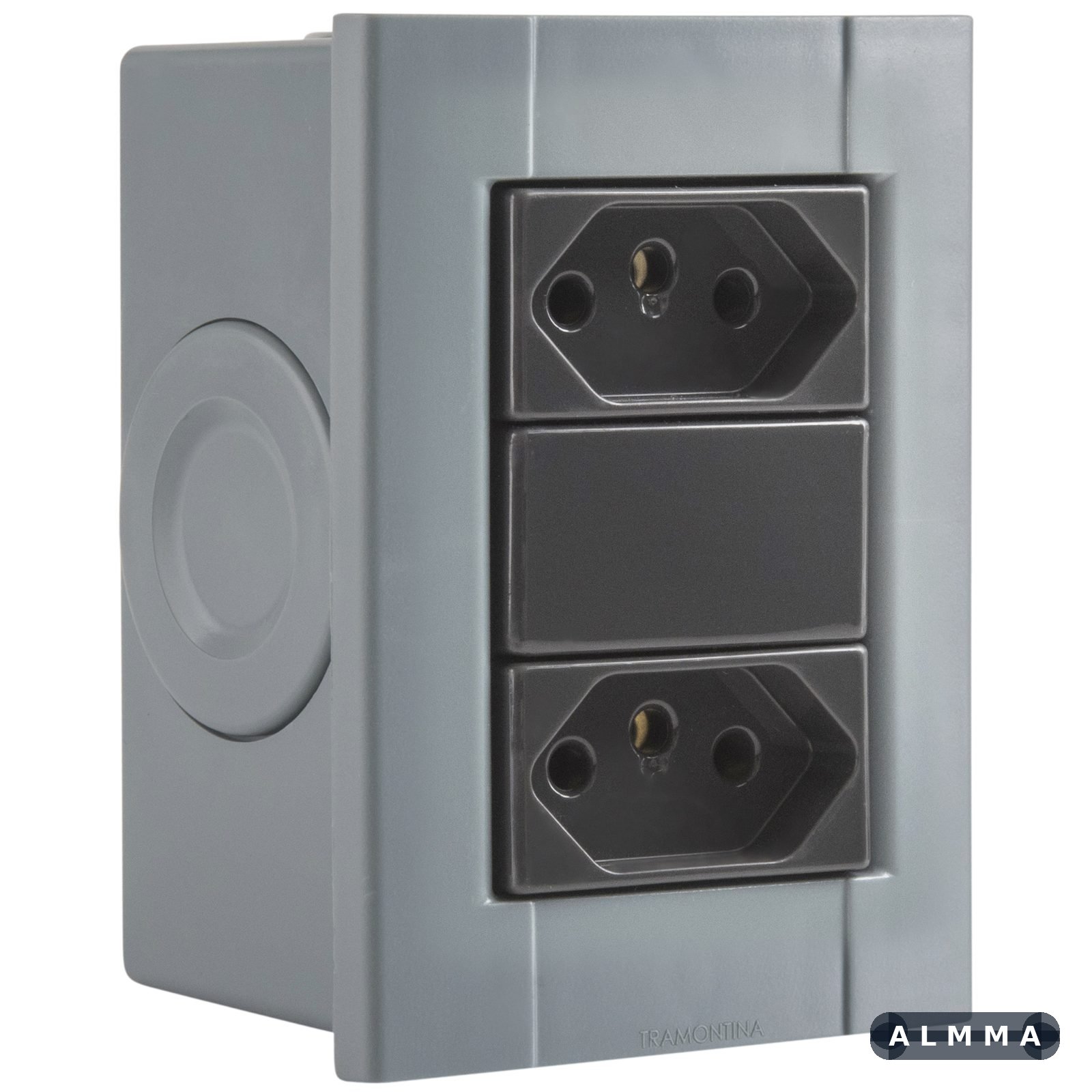 Conjunto de 2 Tomadas 2P+T Tramontina Plastibox na cor Cinza 20 A 250 V 12 UNIDADES EMB.MINIMA