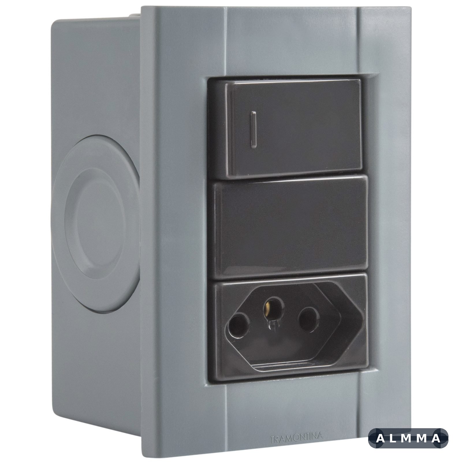 Conjunto de 1 Interruptor Simples e 1 Tomada 2P+T Tramontina Plastibox Cor Cinza 10 A 250 V 12 UNIDADES EMB.MINIMA