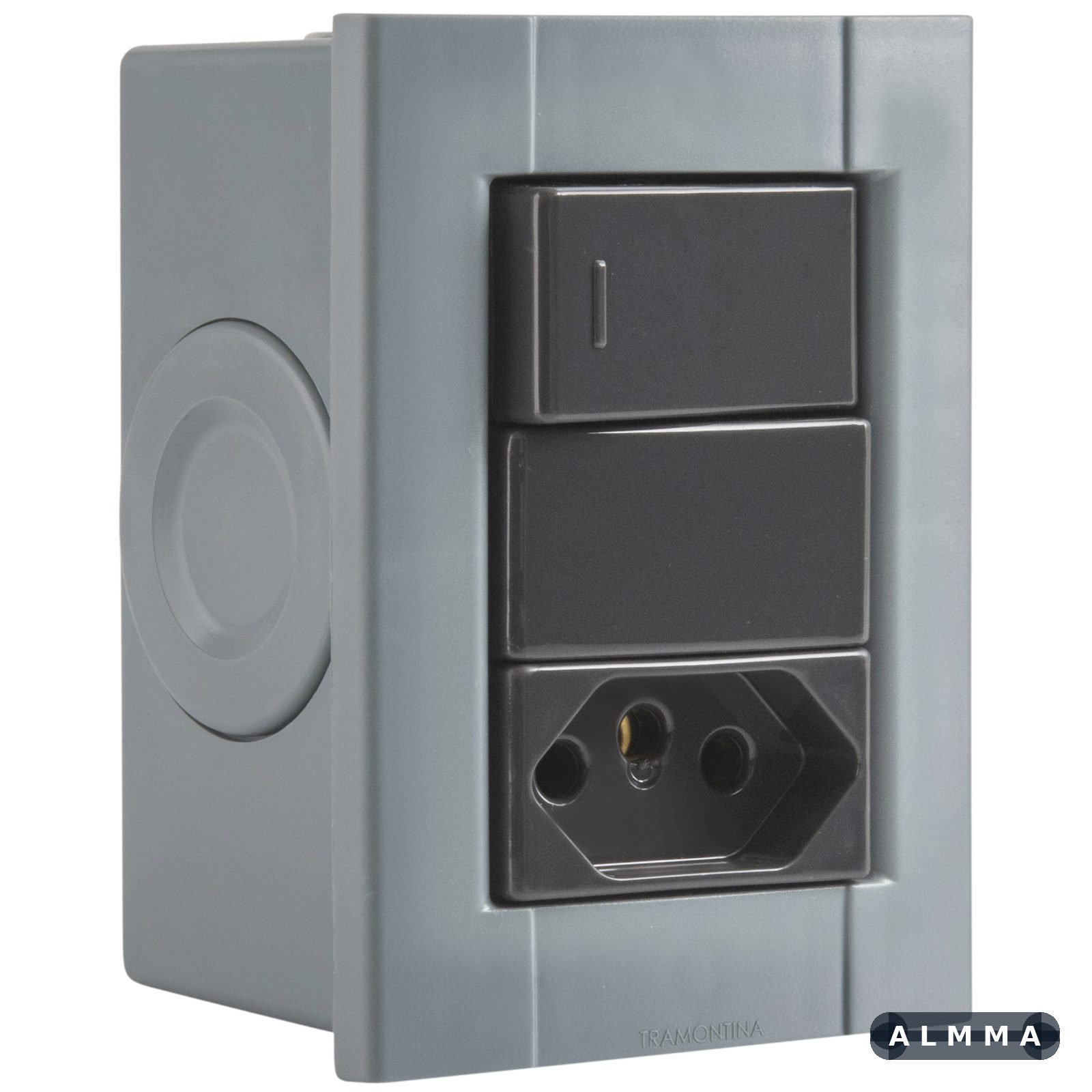 Grey surface mount box with 1 single-pole switch and 1 2P+E socket 20A/250V Tramontina Plastibox 12 UNIDADES EMB.MINIMA