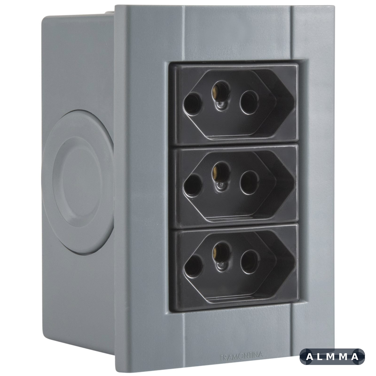 Conjunto de 3 Tomadas 2P+T Tramontina Plastibox na cor Cinza 10 A 250 V 12 UNIDADES EMB.MINIMA