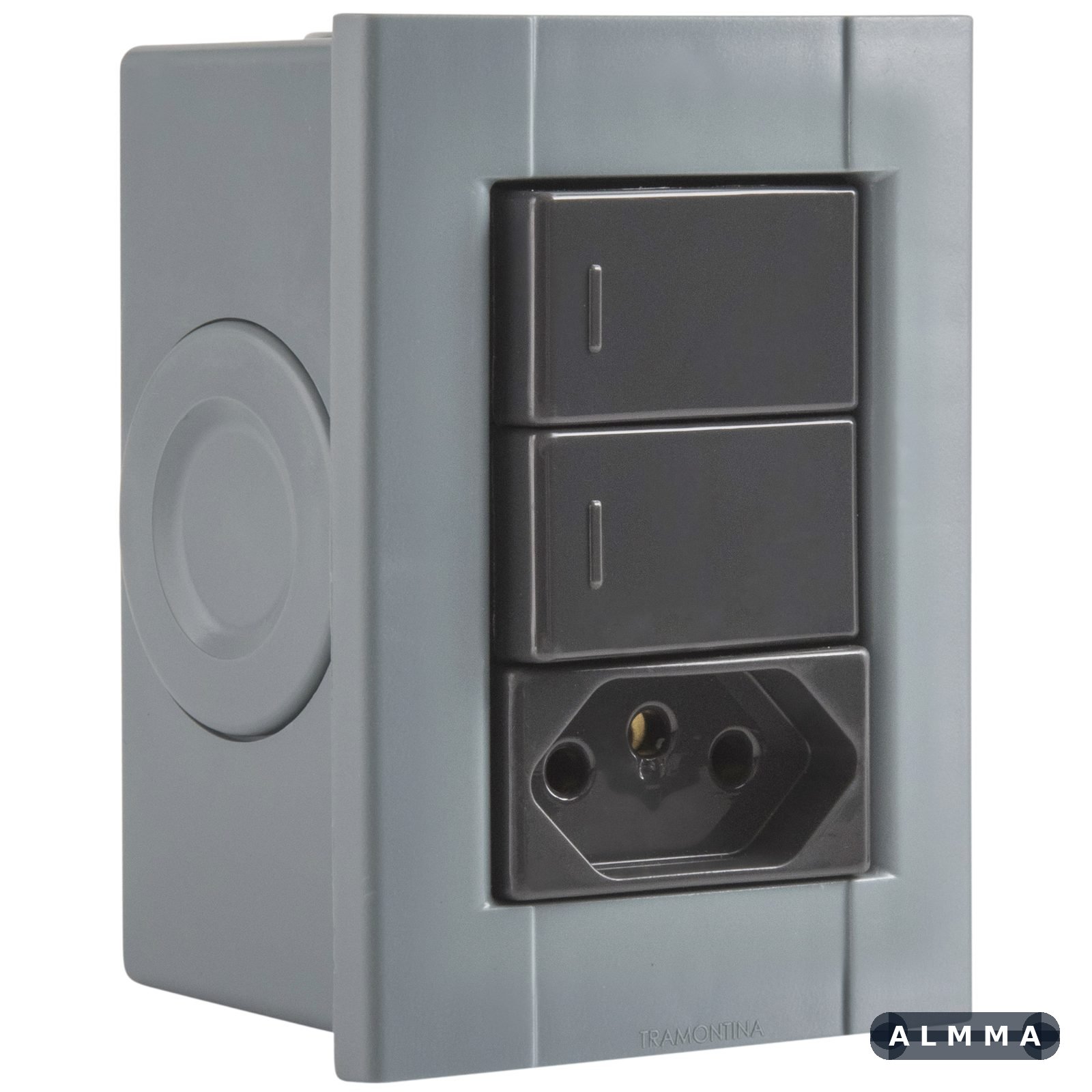 Conjunto de 2 Interruptores Simples e 1 Tomada 2P+T Tramontina Plastibox na cor Cinza 10 A 250 V 12 UNIDADES EMB.MINIMA