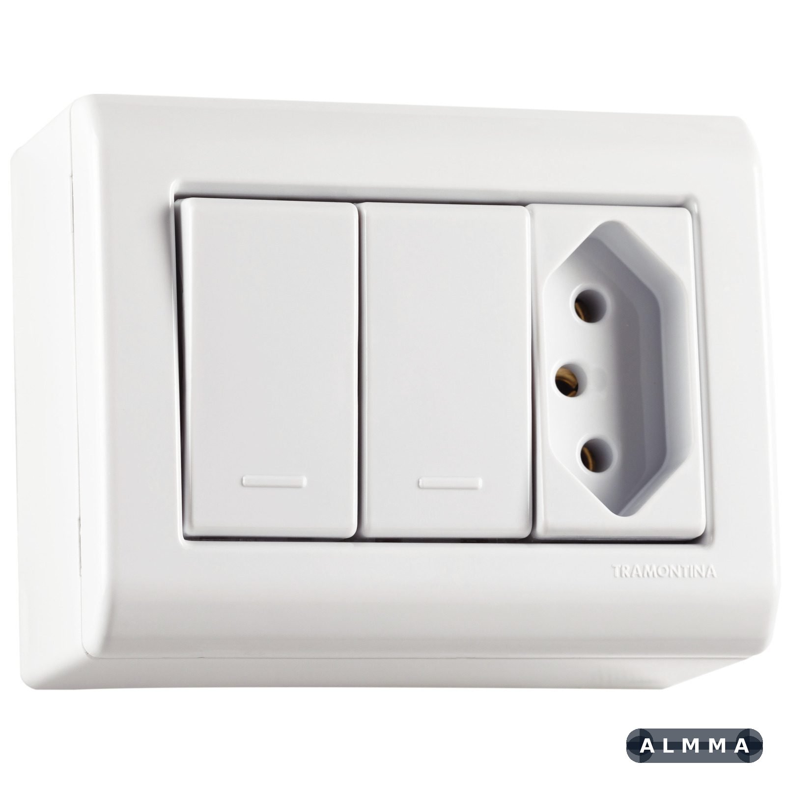 Caixa de Sobrepor com 2 Interruptores Simples 10 A 250 V e 1 Tomada 2P+T 10 A 250 V Tramontina Lizflex Branca 10 UNIDADES EMB.MINIMA