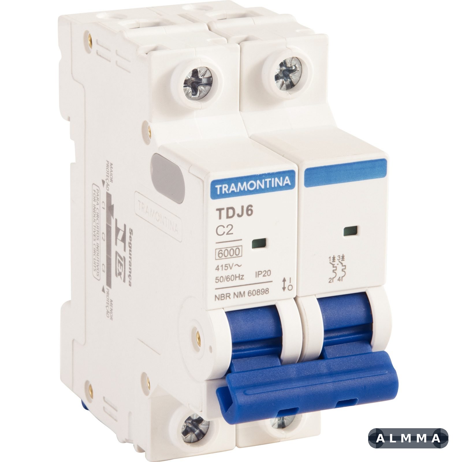 Minidisjuntor TDJ6 2 P 2 A 6kA curva C Tramontina 6 UNIDADES EMB.MINIMA