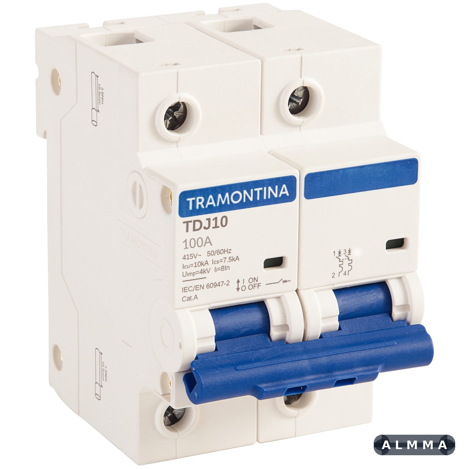 Minidisjuntor TDJ10 2 P 100 A 10 kA curva C Tramontina 6 UNIDADES EMB.MINIMA